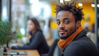 Poster - Smiling African woman in office with coworkers teamwork generated by AI