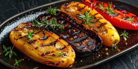 Wall Mural - Grilled Fresh Vegetables: Bell Peppers and Eggplant for a Vegetarian Barbecue