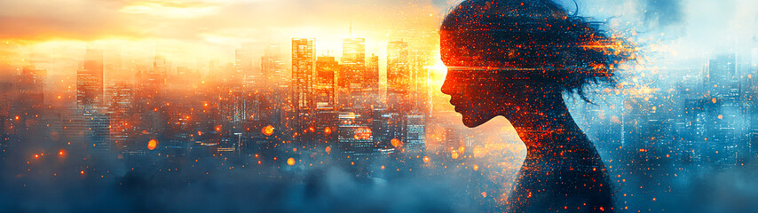 futuristic technology and it services banner with watercolor graphics for website headers and digita