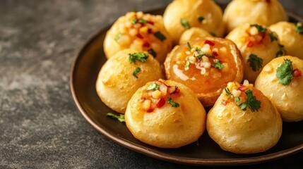 A close-up of a plate of golgappas pani puri with spicy and tangy water, ready to be devoured, golgappa, Indian street food, tangy