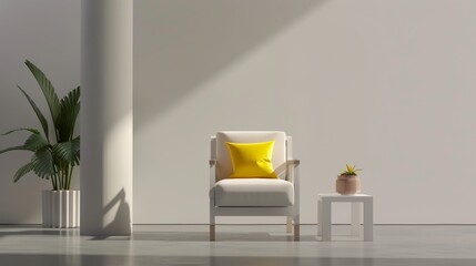 Empty room interior with white chair, yellow pillow, and coffee table, 3D render with copy space, focusing on all objects with deep depth of