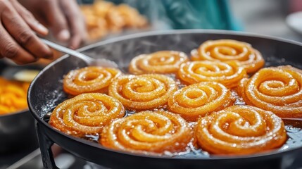 A vendor making fresh jalebis, with the golden spirals sizzling in hot oil, jalebi, Indian street food, sweet