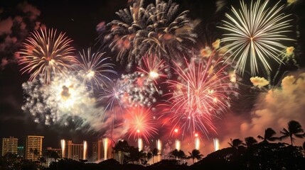 Fireworks illuminate Honolulu night sky during Hawaii's largest display on July 4th at Magic Island Park, Oahu, with copy space, covering all