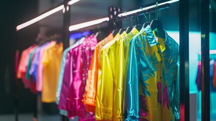 Wall Mural - Vibrant clothing display on fluorescent stand under bright lights with copy space, covering all objects, deep depth of field.