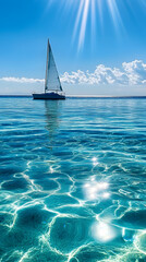 Wall Mural - Ocean under the sunlight, clear sea, small sailboat