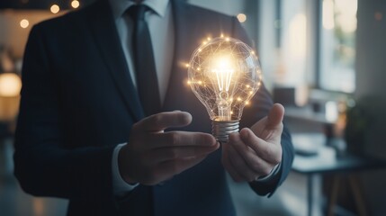 A businessman holding a lightbulb icon hologram, representing innovation, while standing in a bright, minimalistic office