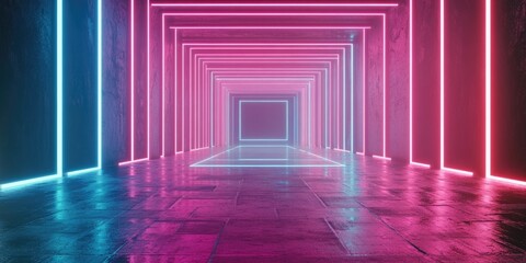 Fototapete - 3D rendering of a neon lit tunnel featuring glowing lines an abstract background and a square portal in vibrant pink and blue hues resembling a virtual reality experience with a laser show effect