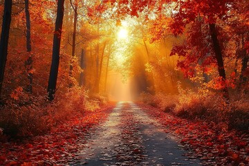 Wall Mural - Colorful trees and footpath road in autumn landscape in deep forest. The autumn colors in the forest create a magnificent view. autumn view in nature