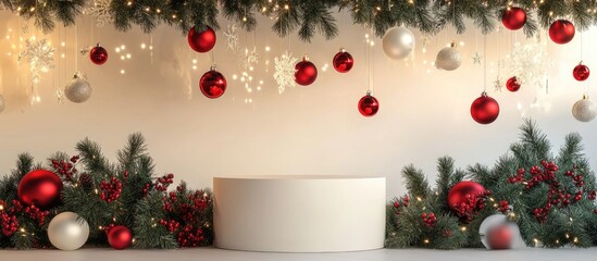 Poster - 3D rendering of a festive product display podium with decorative backdrop for a holiday celebration