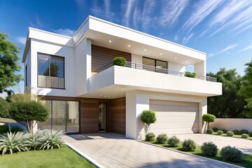 Modern White House with Balcony and Garage.