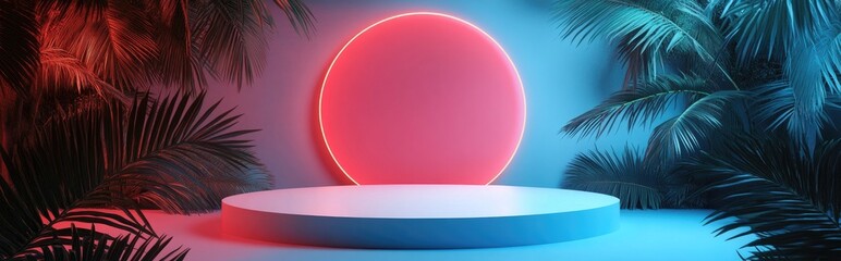 Poster - 3D podium with empty space for product showcase against an abstract tropical background Summer and vacation theme Graphic art design