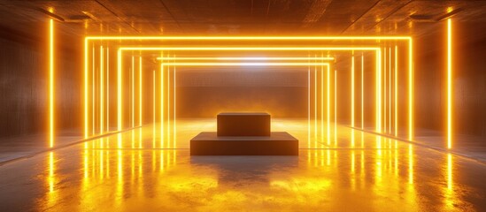 Aufkleber - 3D render of an abstract corridor with virtual reality elements featuring yellow neon lights a fashion podium and reflections on the floor within a club like interior of an empty warehouse