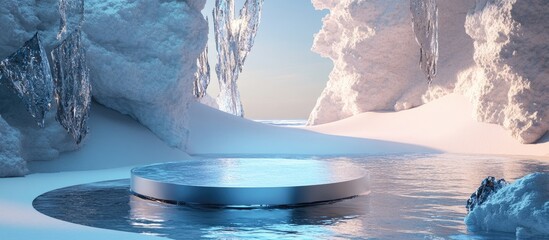 Poster - 3D rendering of a surreal landscape featuring a circular podium in water alongside white sand The podium is set against a backdrop of abstract glass shapes and objects creating a futuristic fantasy