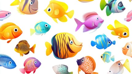 Wall Mural - colorful cartoon fishs on the white background