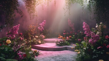 Poster - 3D rendered natural backdrop with vibrant lighting designed for displaying cosmetic products in a landscape setting