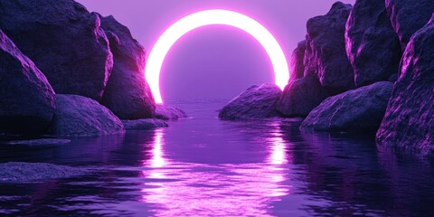Aufkleber - 3D render featuring an abstract ultraviolet background with cobblestones dark rocks and a glowing neon arch showcasing a liquid floor with reflections ideal for product presentation in a minimalis