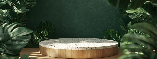 Aufkleber - 3D rendering of a template mockup featuring a natural terrazzo and wood podium set against a green wall with a monstera plant