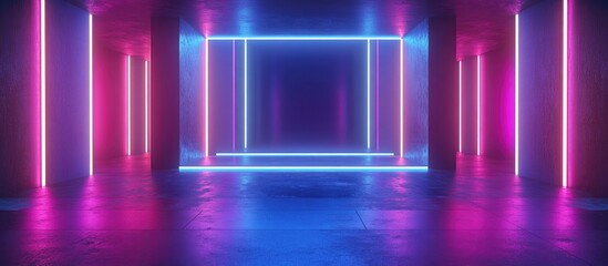 Aufkleber - 3D rendering of an abstract background featuring blue pink and violet neon colors illuminated by ultraviolet light showcasing an empty night club interior with a tunnel or corridor and glowing pane