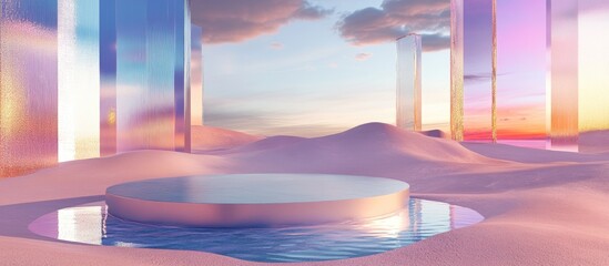 Poster - 3D rendering of a surreal landscape featuring a round podium on water with vibrant sand The podium stands against an abstract backdrop of glass and mirrored shapes creating a fantastical and futuri