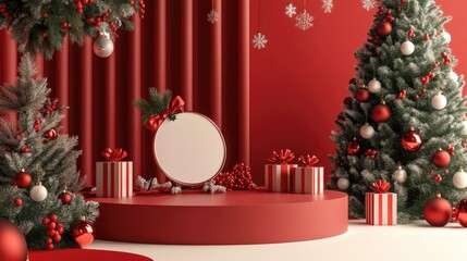 Poster - 3D illustration of a Merry Christmas theme with a blank product podium display setting