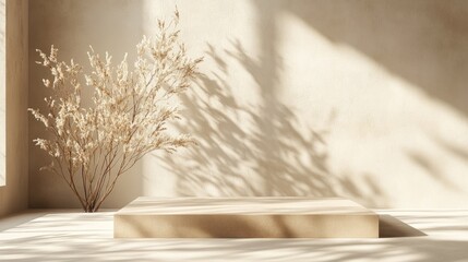 Poster - 3D backdrop featuring a beige wooden podium with natural dried plants Sunlight casts shadows on a brown background ideal for summer beauty product promotions Minimalist brown studio showcase for ad
