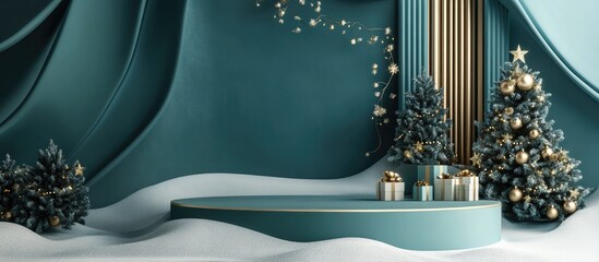 Poster - 3D rendering of a festive product display podium with decorative backdrop for a holiday celebration