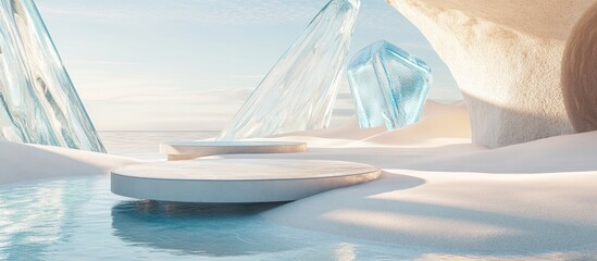Poster - 3D rendering of a surreal landscape featuring a circular podium in water alongside white sand The podium is set against a backdrop of abstract glass shapes and objects creating a futuristic fantasy