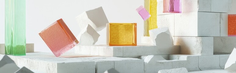 Aufkleber - 3D render of an abstract background featuring white cobblestone ruins and colorful glass blocks in mid air A contemporary minimal display with a vacant podium for showcasing products