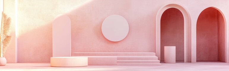 Poster - 3D render of an abstract geometric background featuring an art deco display in soft pastel hues showcasing a fashion podium with a blank mock up template a minimalistic empty showcase and primitiv