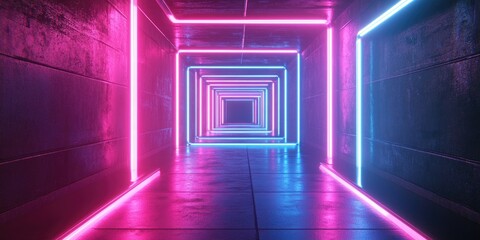 Fototapete - 3D rendering of a neon lit tunnel featuring glowing lines an abstract background and a square portal in vibrant pink and blue hues resembling a virtual reality experience with a laser show effect