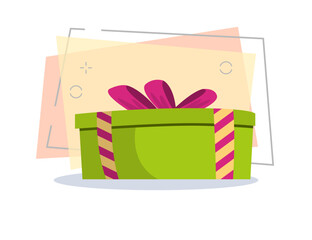 Poster - Green gift with pink ribbon illustration. Present, package, bow. Festive concept. Vector illustration can be used for topics like Christmas, New Year, festivals