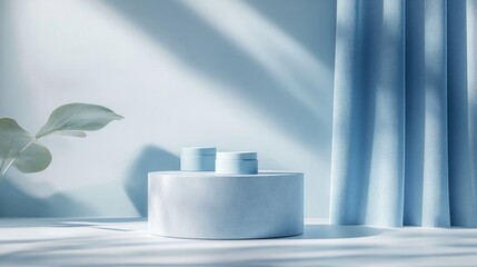 Poster - 3D rendered podium backdrop in blue hues for showcasing cream cosmetic products