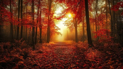 Wall Mural - Colorful trees and footpath road in autumn landscape in deep forest. The autumn colors in the forest create a magnificent view. autumn view in nature