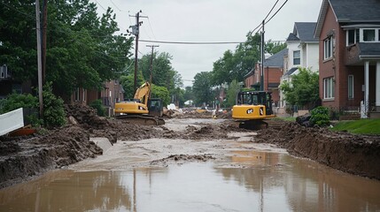 Flooding cause, urban construction sites contributing to increased runoff, excavated areas with exposed soil, surrounding neighborhoods, heavy rainfall and gray sky