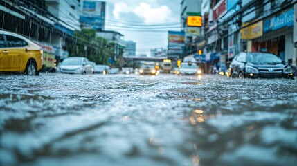 Flooding disaster, heavy monsoon rains causing urban flooding in Bangkok, streets submerged, traffic and pedestrians affected, cloudy sky with rain