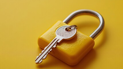 Wall Mural - Bright yellow padlock with matching keys on a yellow background, emphasizing the vibrant monochromatic scheme and clean, bold imagery.