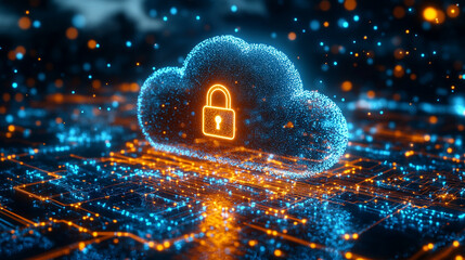 digital-themed image depicting cloud security and data storage, featuring a cloud icon surrounded by binary code and network symbols, highlighting the importance of internet cybersecurity