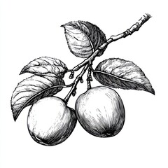 black and white vintage engraved art of a branch of apricots with leaves, isolated on white backgrou