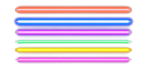 Wall Mural - neon tube lamp set. glowing led light line beam collection. bright luminous fluorescent bar stick li