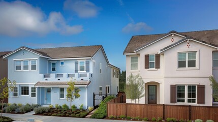 Livermore, CA homes: Light blue, white trim & white stucco, brown shutters. Grey shingle roofs, clear sky backdrop.