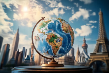 Canvas Print - An inspiring concept image showcasing a globe surrounded by iconic international landmarks, symbolizing the opportunities and adventures of global education and studying abroad.