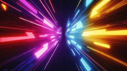 Poster - Glowing, multi-colored arrows converging in the center, conveying a sense of speed and energy against a dark background.