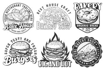 Wall Mural - Bakehouse Pizza and hot burger vintage logo silhouettes for restaurant or cafe menus.