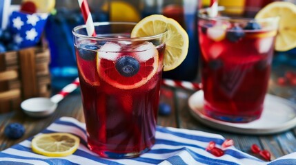 Red, white and blue lemonade or sangria with copy space, covering all objects, deep depth of field.