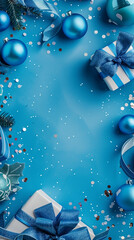 Wall Mural - Christmas and New Year holiday blue mockup background. Christmas gifts on blue background top view. Flat lay