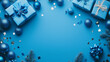 © Nordic - Christmas and New Year holiday blue mockup background. Christmas gifts on blue background top view. Flat lay