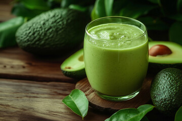 Wall Mural - glass of green smoothie sits on a wooden table next to a green avocado. The smoothie is made with spinach and other green vegetables, and it looks healthy and refreshing