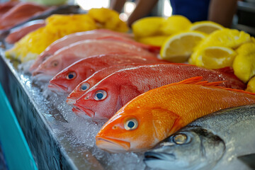 fish are on ice, one of which is orange. The fish are arranged in a way that makes them look like they are staring at the camera