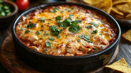 Delicious slow cooker chicken enchilada casserole, perfectly cooked with melted cheese, shredded chicken, and savory sauce, served hot with a side of tortilla chips.