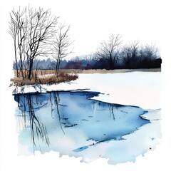 Wall Mural - watercolor painting of a frozen pond with bare trees around, on isolated white background